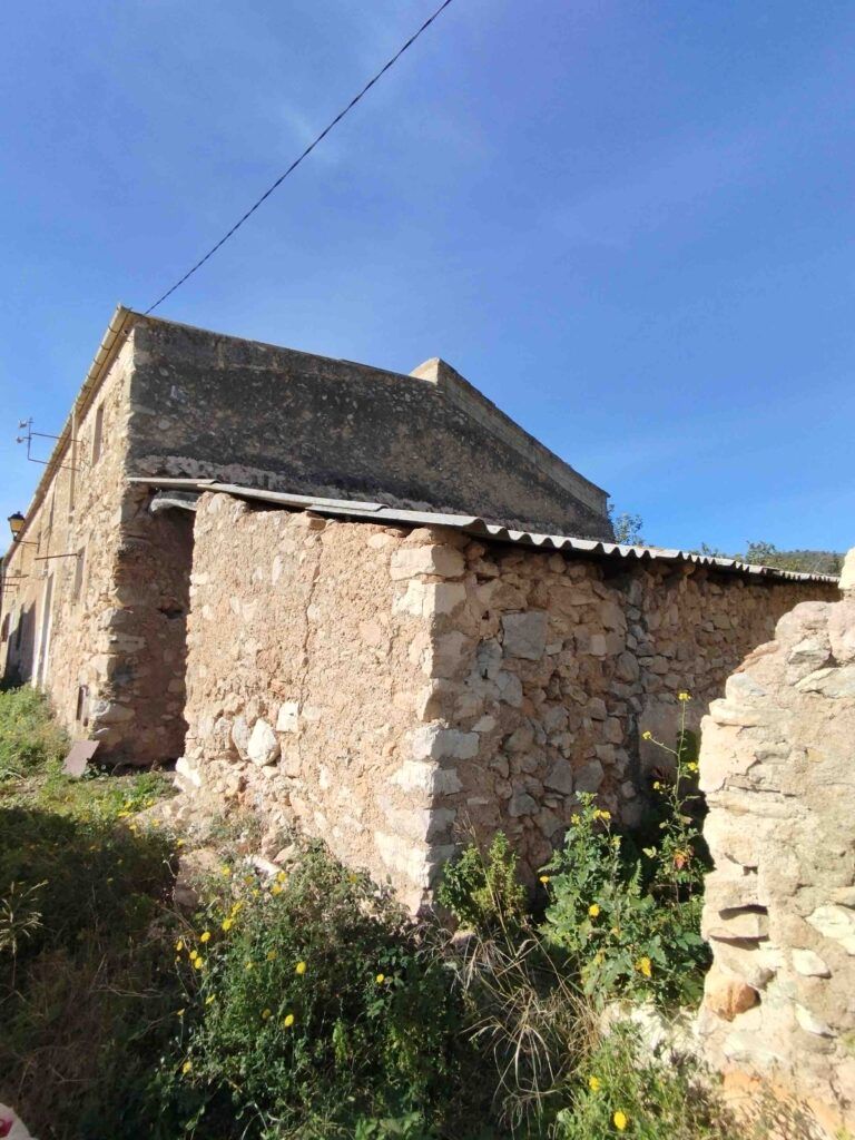 Un viejo edificio de piedra con tejado de chapa ondulada se alza bajo un cielo azul despejado. Algunas paredes se están desmoronando, y alrededor de la base crecen plantas silvestres y flores amarillas.
