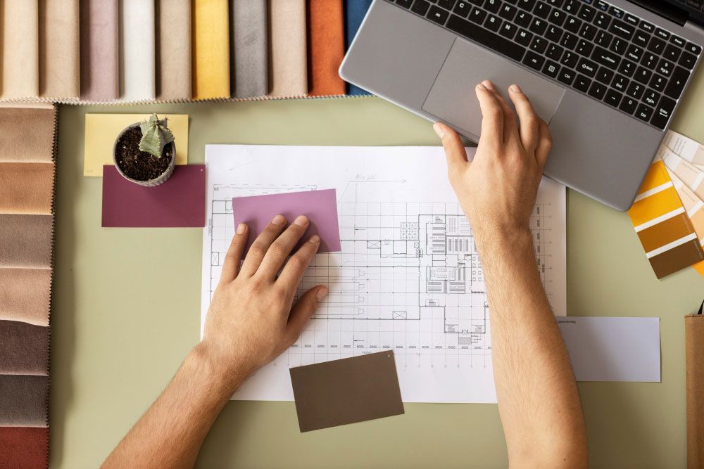 Las manos de una persona trabajan en un escritorio con muestras de telas, muestrarios de colores, planos arquitectónicos y un ordenador portátil, sugiriendo diseño de interiores o planificación de reformas.
